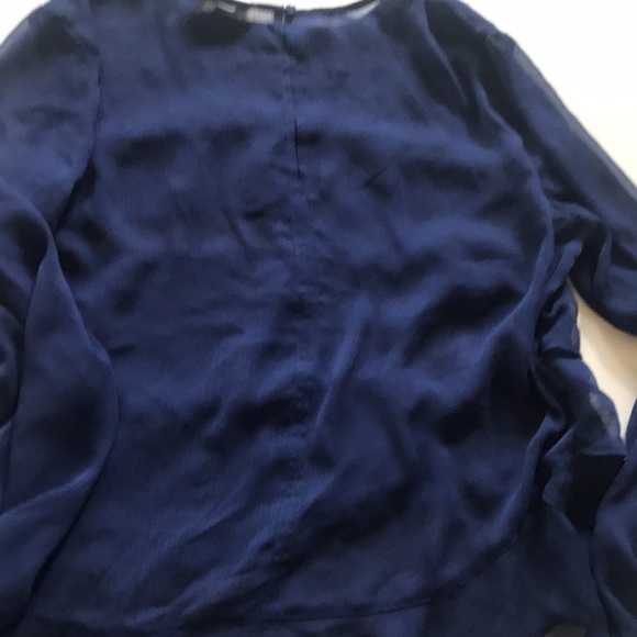 🎃LOFT- Navy Blue Sheer Ruffled Tier Shirt-M - Picture 6 of 14